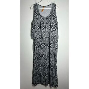 Magic Women's Black White Blouson Sleeveless Maxi Dress Tech Print Design Sz 3X